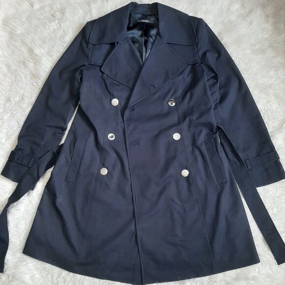 Tahari Women's Navy Blue Belted Midi Trench Coat Size M - Picture 2 of 11